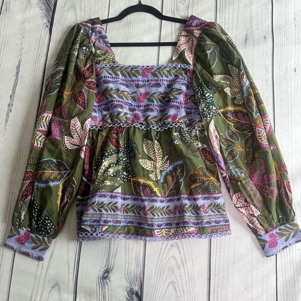 Farm Rio Blouse Top XS Green Jungle Fairy Boho Botanical Tropical Praire Resort - Picture 14 of 15